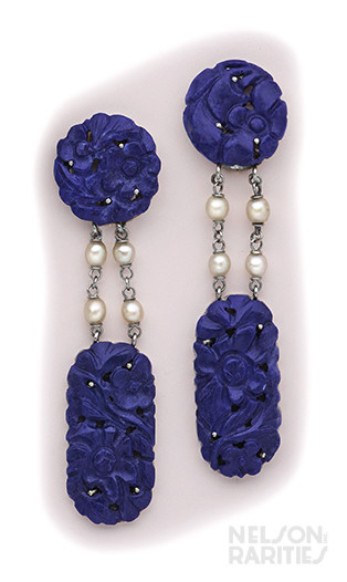 Carved Lapis Lazuli, Pearl and Platinum Drop Earrings