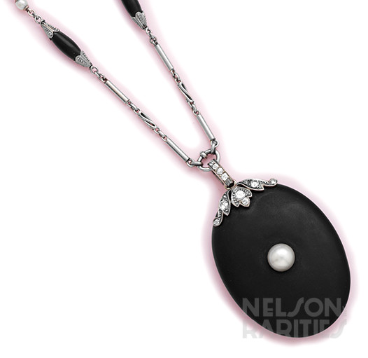 Onyx, Natural Pearl, Diamond and Platinum Locket and Necklace