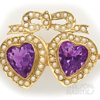 Amethyst, Seed Pearl and Gold Twin Heart Brooch