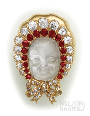 Carved Moonstone Cameo, Burma Ruby,  Diamond and Gold Baby in Bonnet Brooch