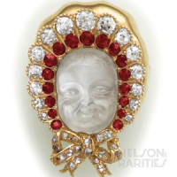 Carved Moonstone Cameo, Burma Ruby,  Diamond and Gold Baby in Bonnet Brooch