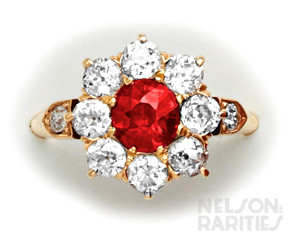 Burma Ruby, Diamond and Gold Cluster Ring