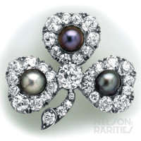 Natural Black Pearl, Diamond, Silver and Gold Trefoil Brooch