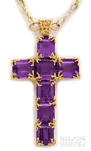 Siberian Amethyst and Three-Color Gold Chain and Cross Necklace