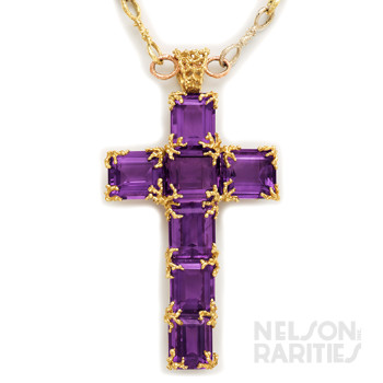 Siberian Amethyst and Three-Color Gold Chain and Cross Necklace