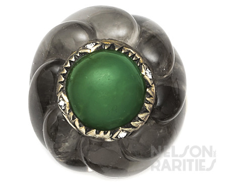 Cabochon-Cut Jade, Carved Rock Crystal and Gold Ring