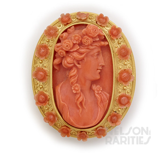 Carved Coral Cameo, Coral and Gold Brooch