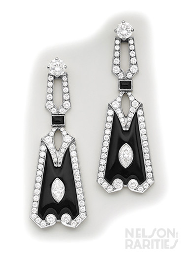 Marquise-Cut Diamond, Diamond, Onyx and Platinum Earrings