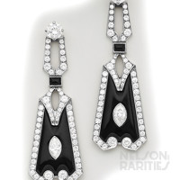 Marquise-Cut Diamond, Diamond, Onyx and Platinum Earrings