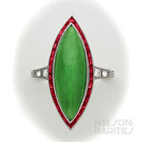 Fine Jade, Calibré Ruby, Diamond and Platinum Ring