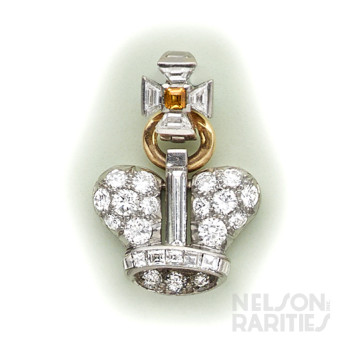 Cognac Diamond, Fancy-Cut Diamond, Baguette-Cut Diamond, Diamond, Gold and Platinum Crown Pendant