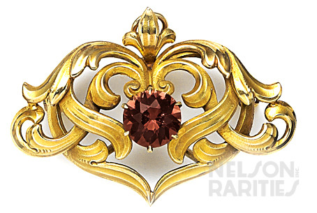 Pink Tourmaline and Carved Gold Brooch