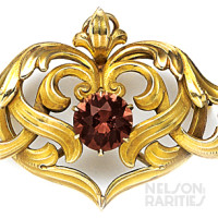 Pink Tourmaline and Carved Gold Brooch