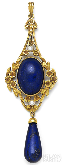 Lapis Lazuli, Natural Pearl, and Gold Pendant