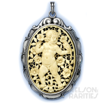 Carved Ivory of a Child in a Garden and Sterling Silver Pendant Necklace
