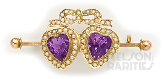 Amethyst, Seed Pearl and Gold Twin Heart Brooch