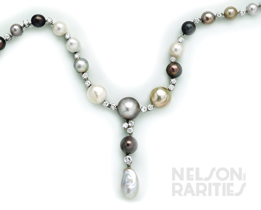 Natural Multi-Colored Pearl, European-Cut Diamond and Platinum Necklace