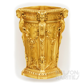 Magnificent Carved Gold Vase with Rococo Horned Figures and Swags of Leaves and Flowers