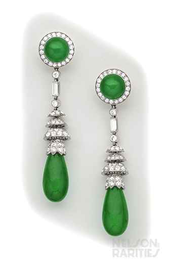 Fine Jade, Diamond and Platinum Drop Earrings